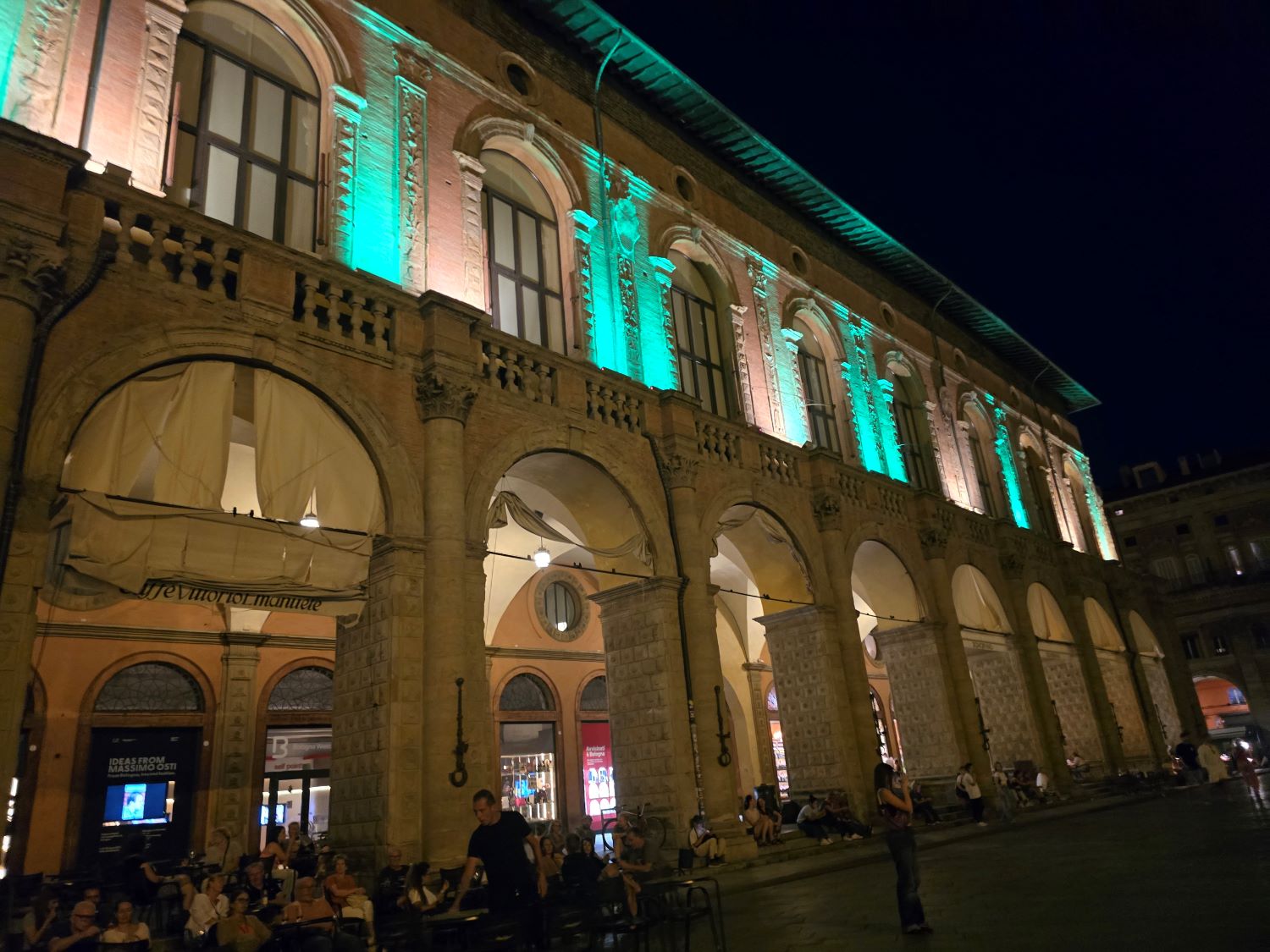 Bologna's illuminated porticoes at night