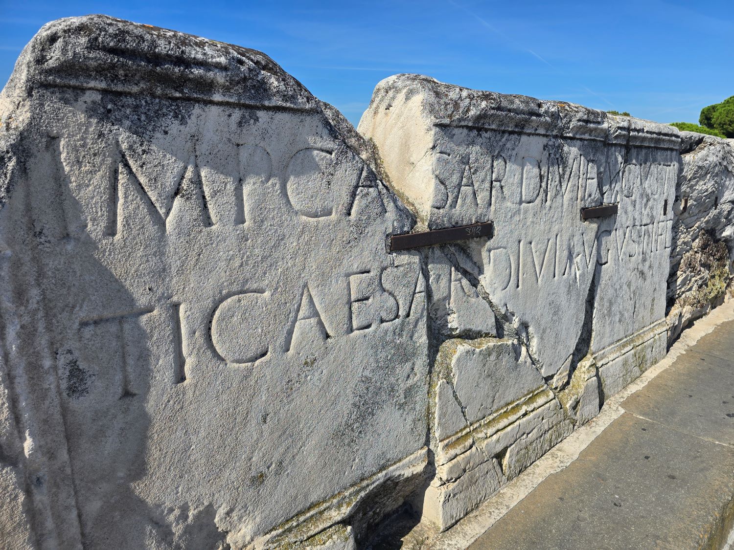 Ancient Latin inscription on the Tiberius Bridge, Rimini